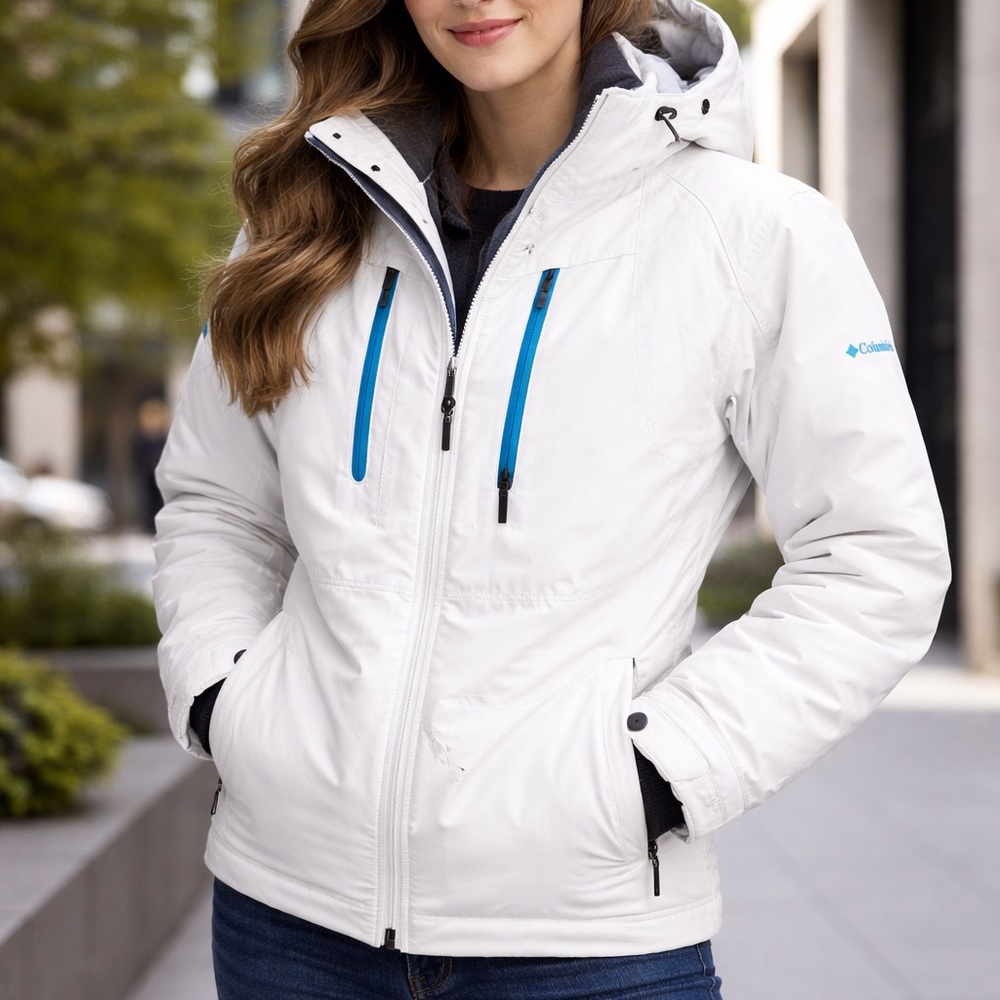 Columbia White Hooded Ski Jacket with Blue Accents